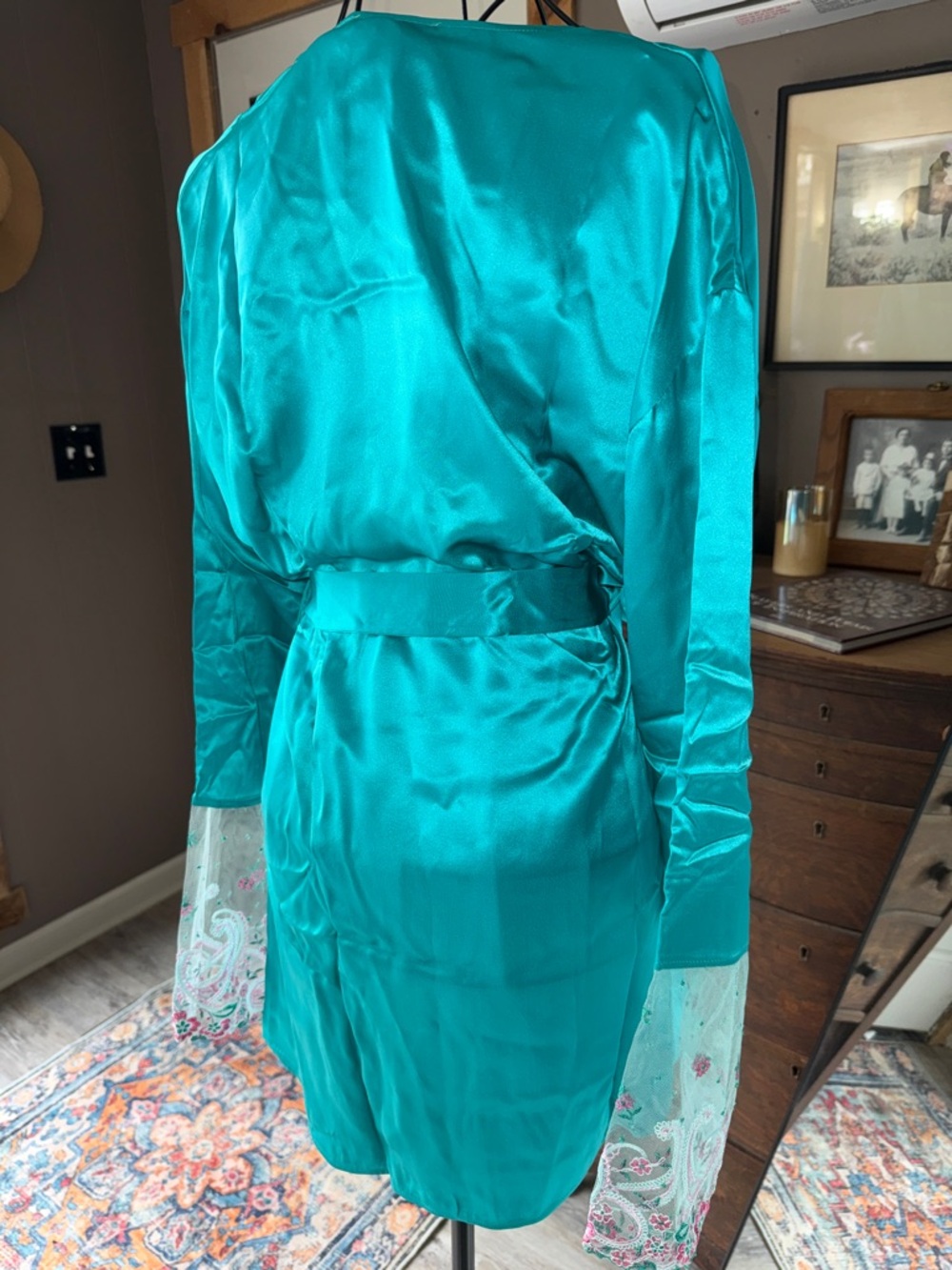 Cosabella Turquoise 100% Silk Short Robe with Embroidered Sheer Cuffs - Picture 5 of 5